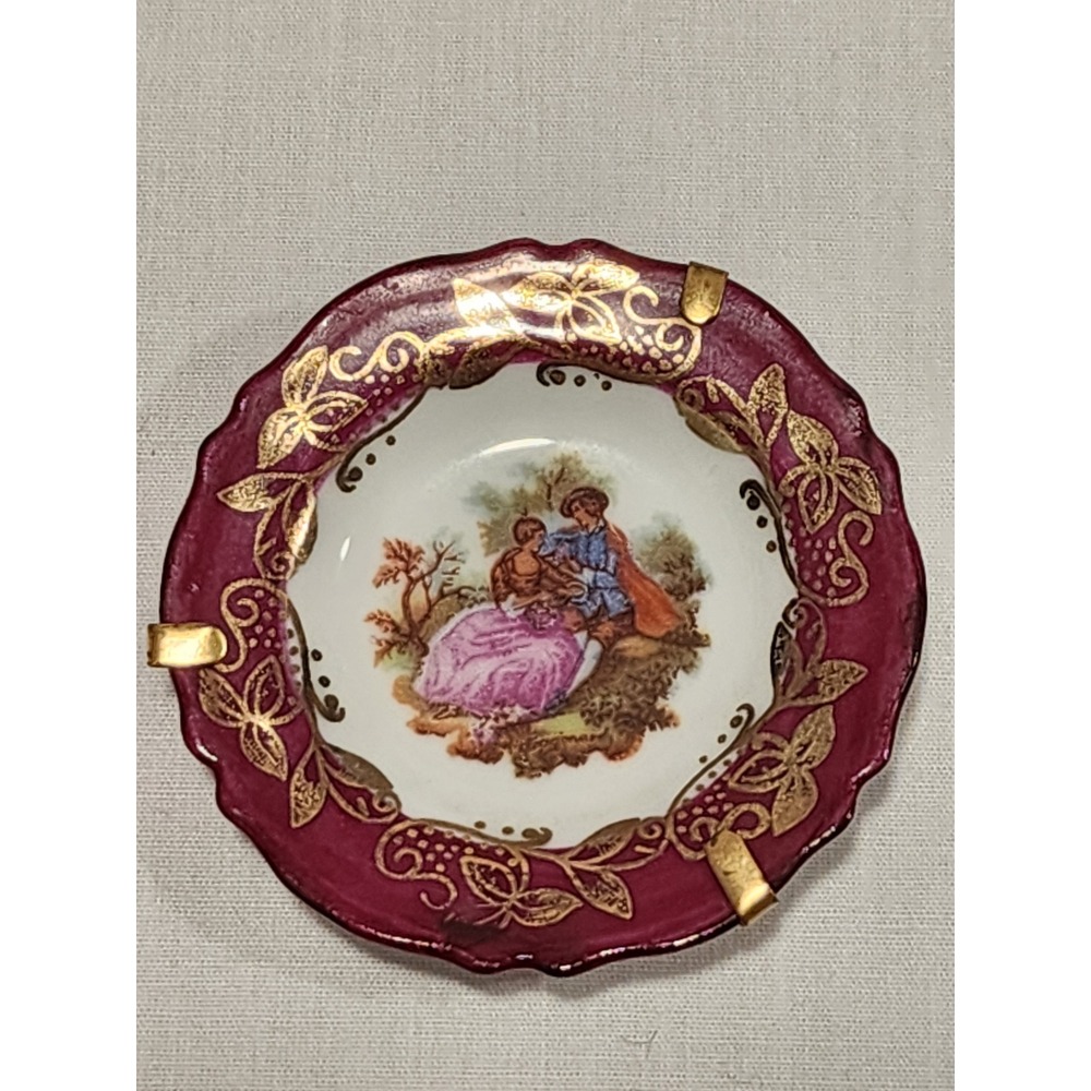 Vintage Goudeville Limoges France Miniature Wall Plate Burgundy Gold Fragonard